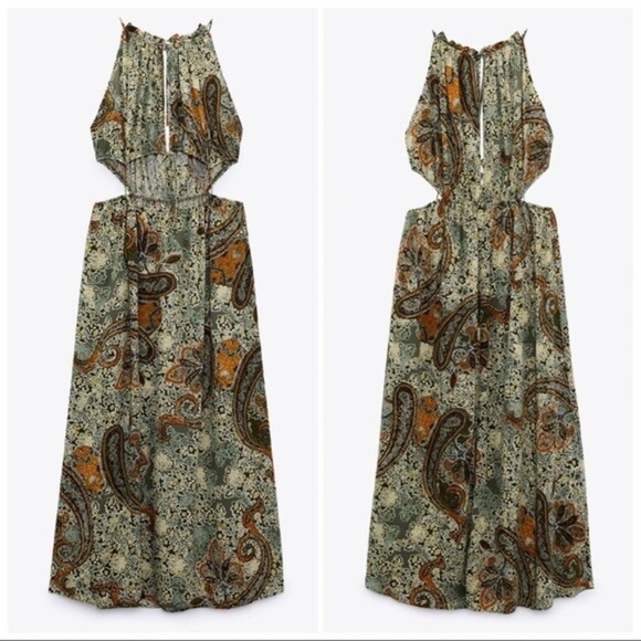 Zara Green Paisley Cutout Dress Size Large - Picture 6 of 13